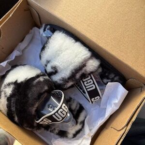 UGG Black and White Fluffy Slides